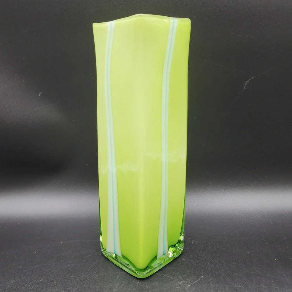 Pier 1  Green White Striped Art Glass Vase Square Cased Glass MCM Retro Decor